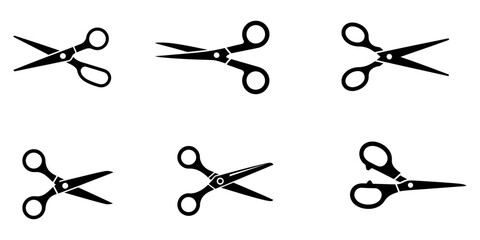 Scissors with line of cut icon set. Sewing, tailor and cutoff symbol. Dotted dash cutting line guide with scissors silhouette icon set, set of silhouette scissors isolated white background.