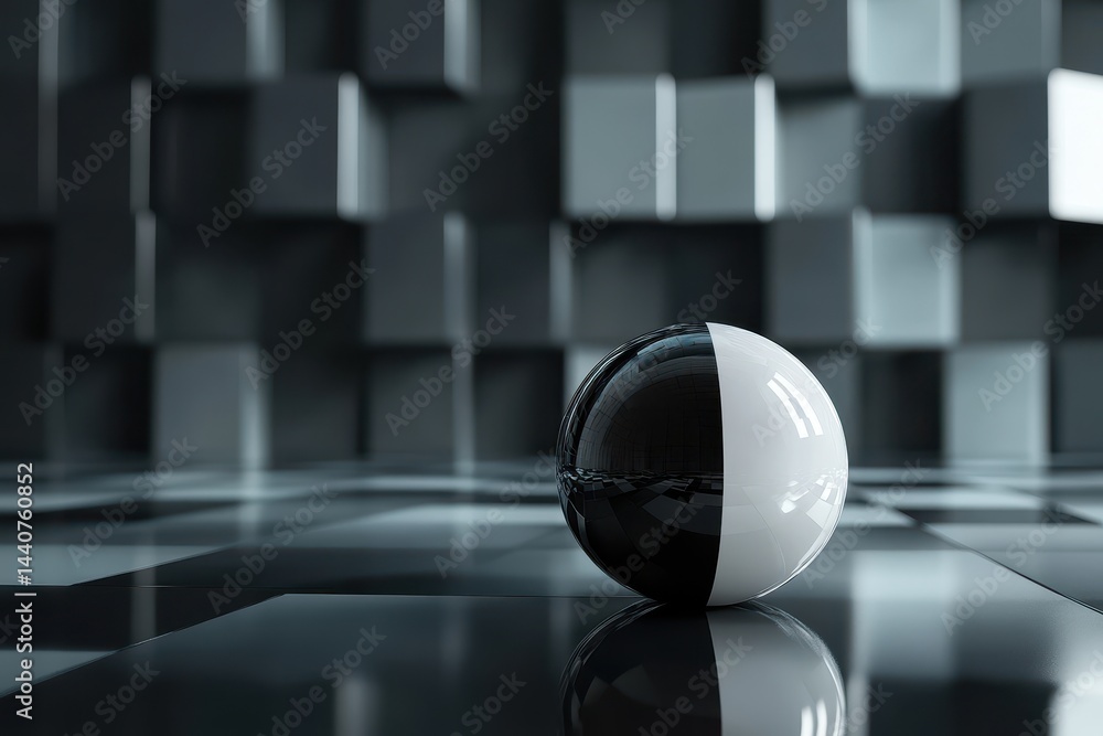 Poster black and white glossy sphere resting on geometric surface with contrasting cubes, 3d render of a bl