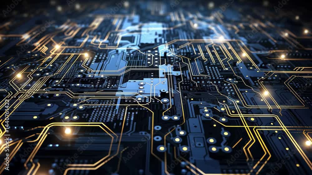 Poster a detailed view of a glowing tech circuit set against a subtle galaxy backdrop, highlighting the int