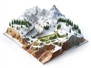 3D cutaway of mountain slope with avalanche control tech, showing snow nets, dynamic barriers, vegetation anchoring, and layered terrain analysis, clean white background