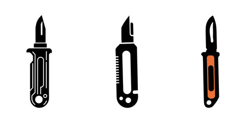 Utility knife icon Symbol mark in filled style, Work knives. Cartoon cutter knife. retractable blade or knife. Paper or cardboard cutter. Work, school tools. Retractable blades concept Utility knife.