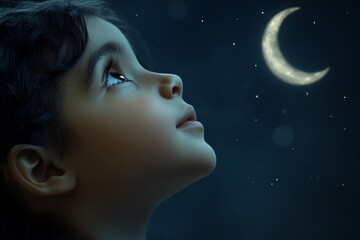 Child gazing up crescent moon night before Eid eye full of wonder Soft moonlight illuminating their face high resolution serene peaceful atmosphere soft focus background ultra detailed texture