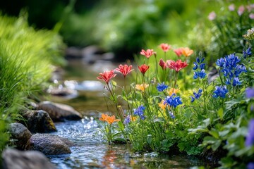 Colorful flowers by a babbling brook
