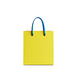 A bright yellow shopping bag with blue handles isolated on a white background in a studio shot