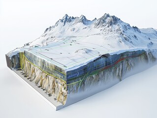 3D cutaway of mountain slope with avalanche control tech, showing snow nets, dynamic barriers, vegetation anchoring, and layered terrain analysis, clean white background