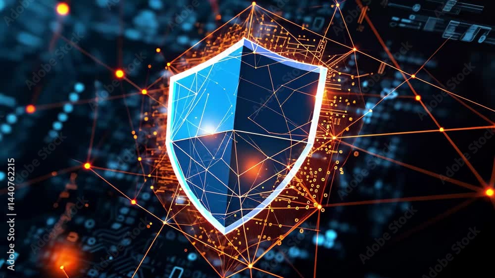 Poster global network security shield displayed against a dark background with glowing connections, represe