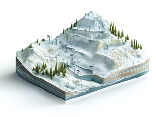 3D cutaway of mountain slope with avalanche control tech, showing snow nets, dynamic barriers, vegetation anchoring, and layered terrain analysis, clean white background