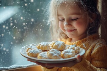 Child holding plate of freshly made maamoul cooky delicate powdery sugar dusting top High resolution ultra detailed texture cooky soft natural light highlighting warm inviting atmosphere adorable