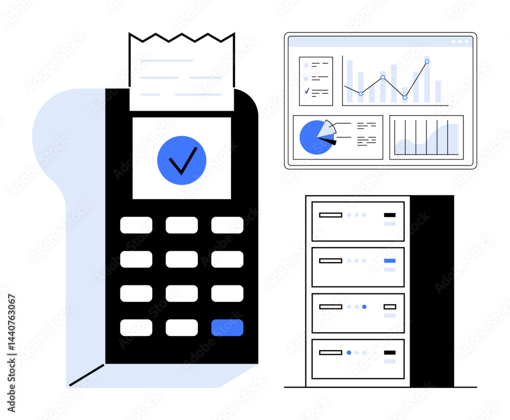 Poster payment terminal with receipt, analytics dashboard with graphs and charts, server stack infrastructu