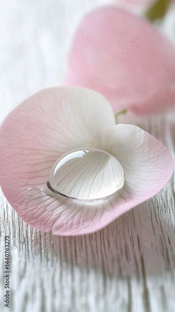 Poster dewdrop on a delicate pink petal capturing reflections of purity and serenity in a soft light macro 
