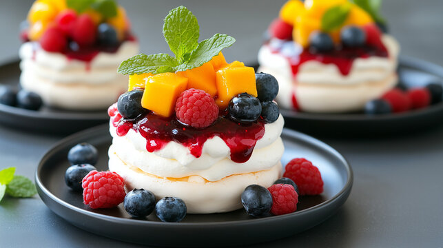 Sernik Pavlova z owocami: maliny, bor&oacute;wki, mango, sos