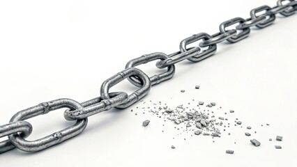 Obraz premium Metal chain breaking apart with shattered fragments on white background symbolizing breaking free from oppression. Concept of liberation and resilience