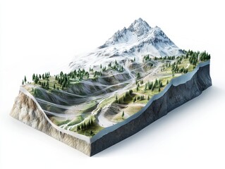 3D cutaway of mountain slope with avalanche control tech, showing snow nets, dynamic barriers, vegetation anchoring, and layered terrain analysis, clean white background