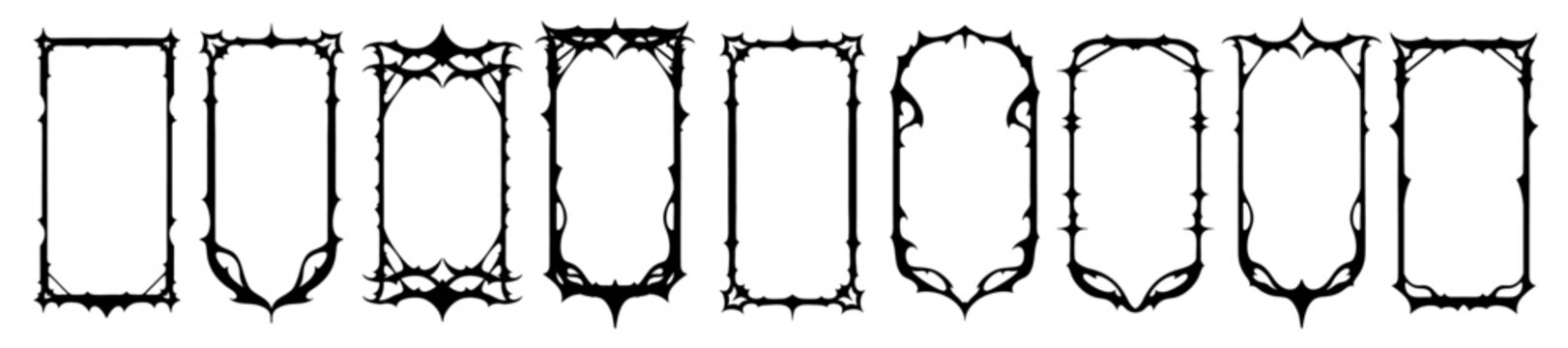 Gothic game frame set, vector fantasy medieval border, vintage tribal symmetry mystic design element. UI dark mystery menu, magic RPG antique arch swirl ornament print. Spike gothic frame collection