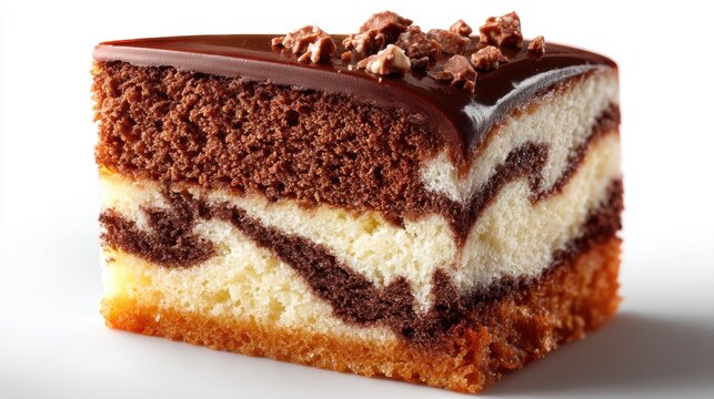 a delicious slice of marble cake with layers of chocolate and vanilla on a white isolated background, rich and moist design