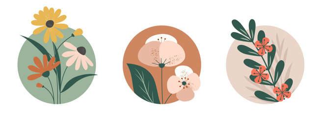 A set of beautiful compositions with flowers on branches with leaves in a circle in retro colors and three types of grain. Vector illustration.