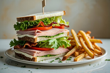 Delicious club sandwich with turkey bacon lettuce and tomato served with french fries