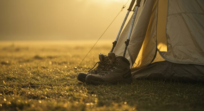 Hiking shoes beside a tent in golden morning light