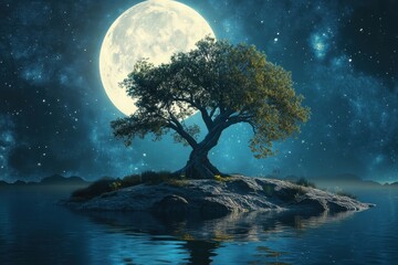 Enchanting tree on small island illuminated by full moon in serene night sky, Enchanting tree on small island under full moon in serene landscape Fantasy nature concept