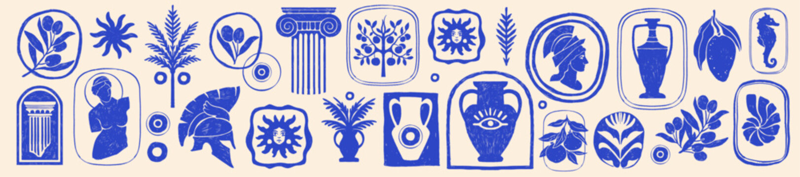 Greek mediterranean ancient print set, vector hand drawn summer vacation retro design object kit. Mythology bohemian silhouette, antique vase and column sign, sculpture emblem. Greek print olive stamp
