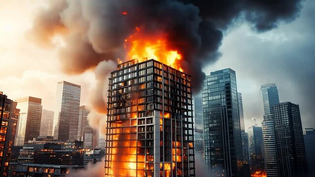 Highrise Inferno: Dramatic Cityscape Fire Disaster Stock Video