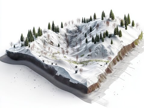 3D cutaway of mountain slope with avalanche control tech, showing snow nets, dynamic barriers, vegetation anchoring, and layered terrain analysis, clean white background
