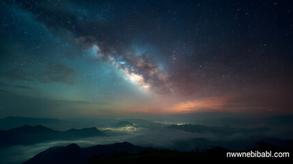 Fototapeta premium Night Sky Spectacle: Witness a breathtaking panorama of the Milky Way galaxy arcing gracefully across the inky expanse, its celestial glow illuminating the tranquil mountain range below.