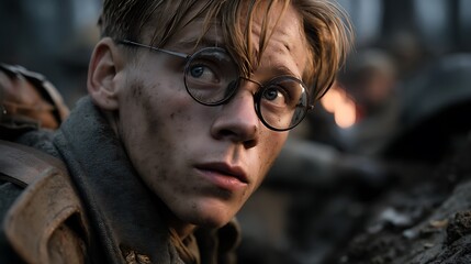 Fototapeta premium Young soldier, war-torn, anxious gaze