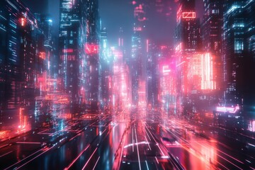 Fototapeta premium Futuristic cityscape illuminated by glowing neon lights at night with vibrant colors, Abstract futuristic cityscape with glowing neon lights and digital waves