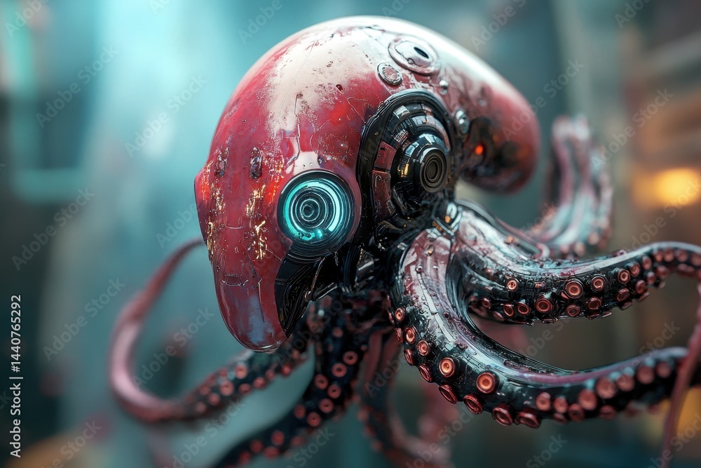 Poster mysterious alien cyborg octopus twisting with vivid colors and intricate details in an immersive env