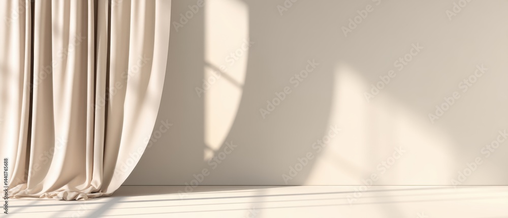 Aufkleber elegant interior scene featuring a flowing beige curtain casting soft shadows on a neutral wall crea