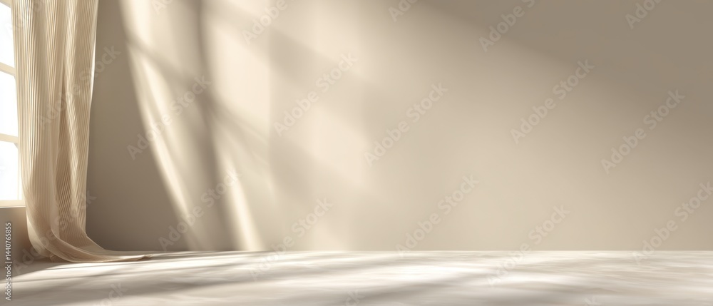 Poster serene interior scene featuring soft light streaming through window casting shadows on neutral wall 
