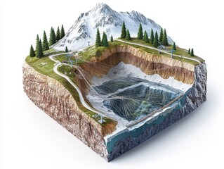 3D cutaway of mountain slope with avalanche control tech, showing snow nets, dynamic barriers, vegetation anchoring, and layered terrain analysis, clean white background