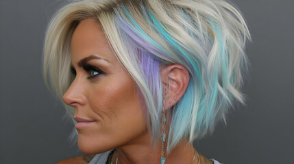 haircut with streaks of electric blue and violet