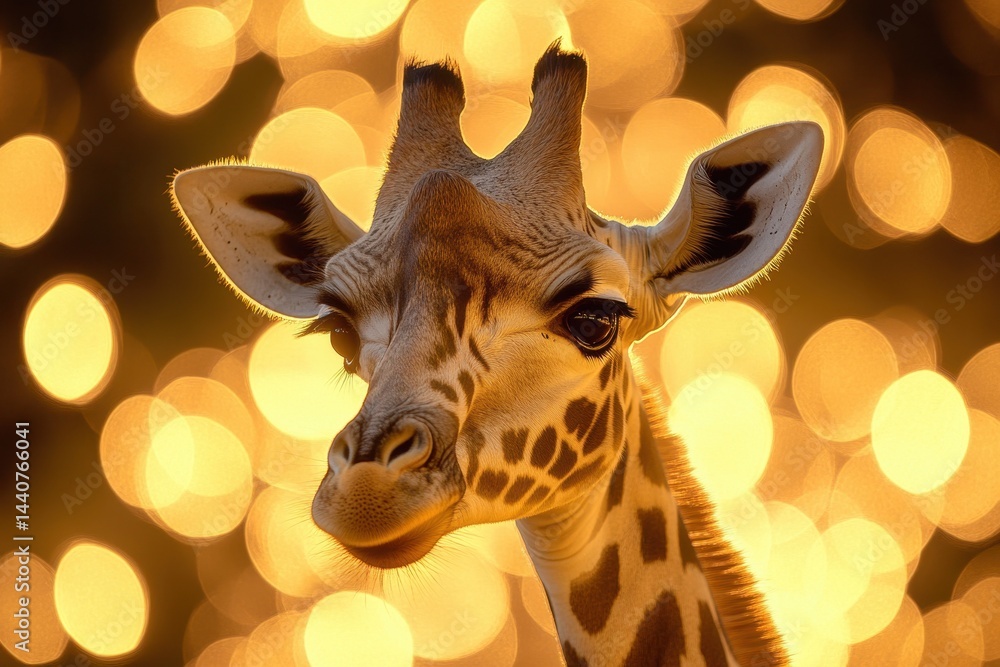 Poster closeup of a giraffe illuminated by warm bokeh background highlighting its unique features, closeup 