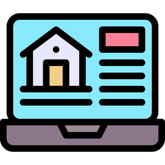 Online House Shopping, Laptop House Rent Online, Filled Style Isolated Vector Icon.