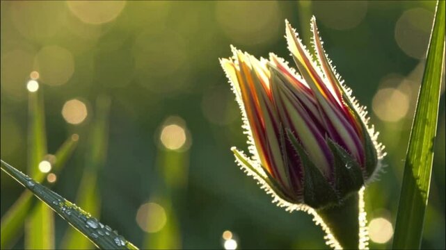 Sunrise Bloom: A close-up shot unveils a flower bud on the verge of blossoming, bathed in the soft, diffused light of dawn, the essence of new life.