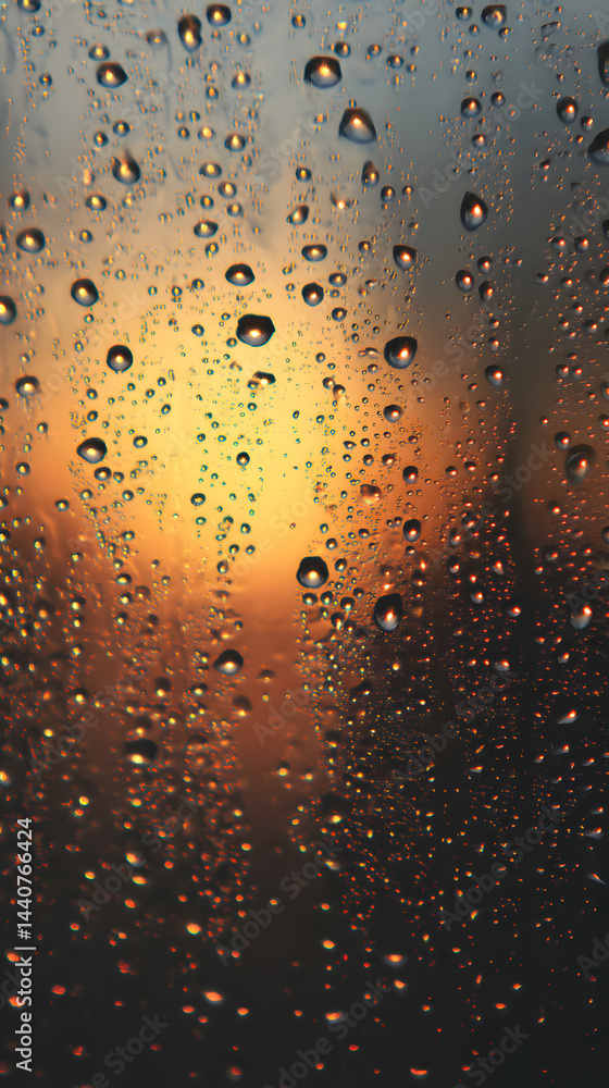 Poster sunset through rain: a captivating close-up of raindrops clinging to a windowpane, creating a mesmer