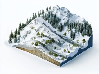 3D cutaway of mountain slope with avalanche control tech, showing snow nets, dynamic barriers, vegetation anchoring, and layered terrain analysis, clean white background