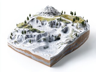 3D cutaway of mountain slope with avalanche control tech, showing snow nets, dynamic barriers, vegetation anchoring, and layered terrain analysis, clean white background