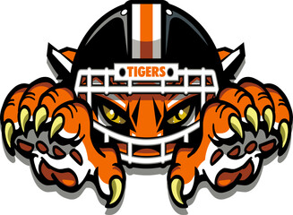 tiger mascot wearing football helmet with face mask and claws for school, college or league sports