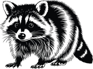 Bold Black And White Curious Raccoon. Vector Illustration Isolated On White