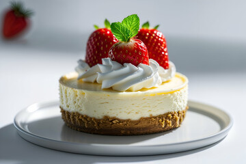 Delicious strawberry cheesecake dessert topped with cream and mint leaf on plate