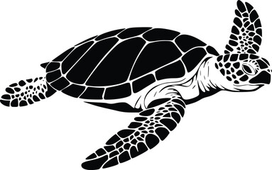 Bold Black And White Sea Turtle Swimming. Vector Illustration Isolated On White