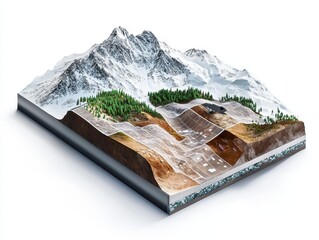 3D cutaway of mountain slope with avalanche control tech, showing snow nets, dynamic barriers, vegetation anchoring, and layered terrain analysis, clean white background
