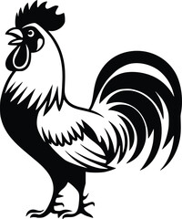 Bold Black And White Rooster Crowing. Vector Illustration Isolated On White