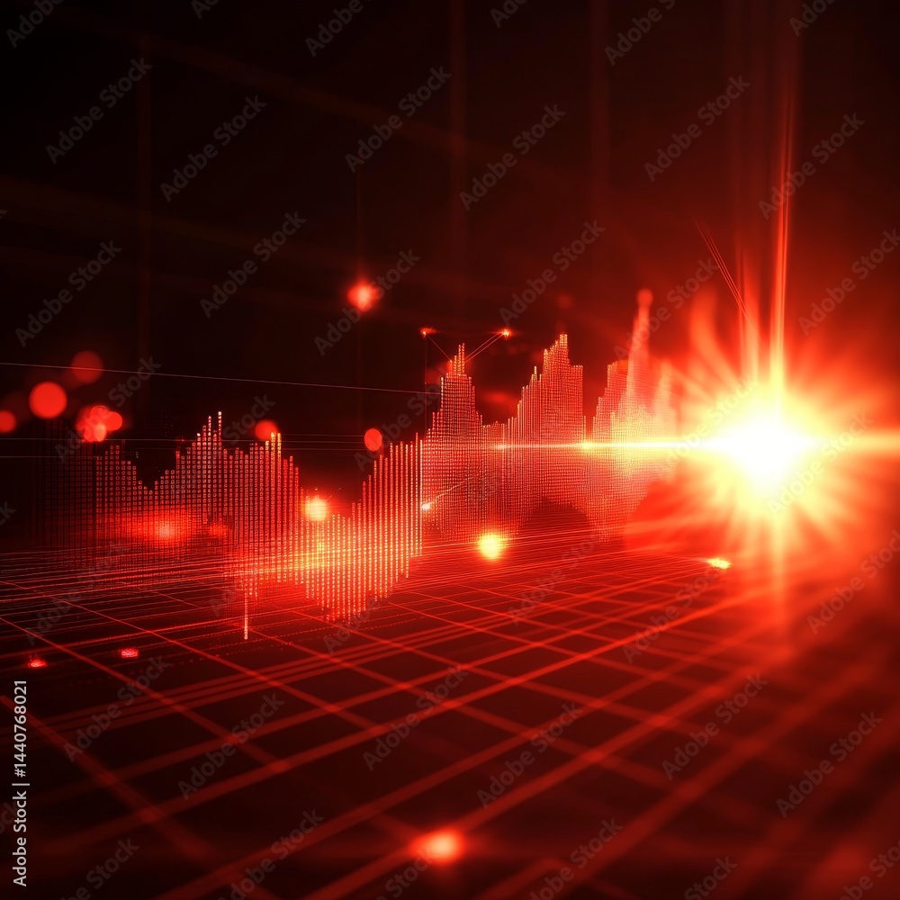 Poster glowing red financial graph with digital data and sunburst effect on black background