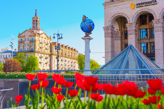 Kyiv, Ukraine - April 22, 2025: Vibrant Tulips in Maidan Nezalezhnosti with Historical Architecture