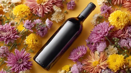 An exquisite wine bottle is surrounded by a colorful array of fresh flowers, including daisies and chrysanthemums, radiating warmth and joy. Perfect for festive occasions