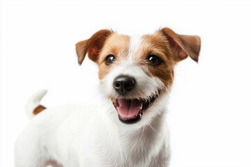 Jack Russell Terrier with his smiling face standingon white background, generated AI